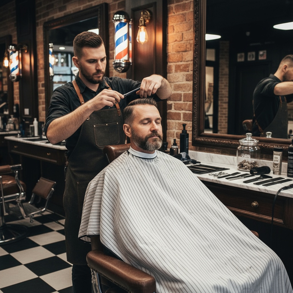 Quality barber cutting hair for blue collar working man - professional barbershop service Venice FL
