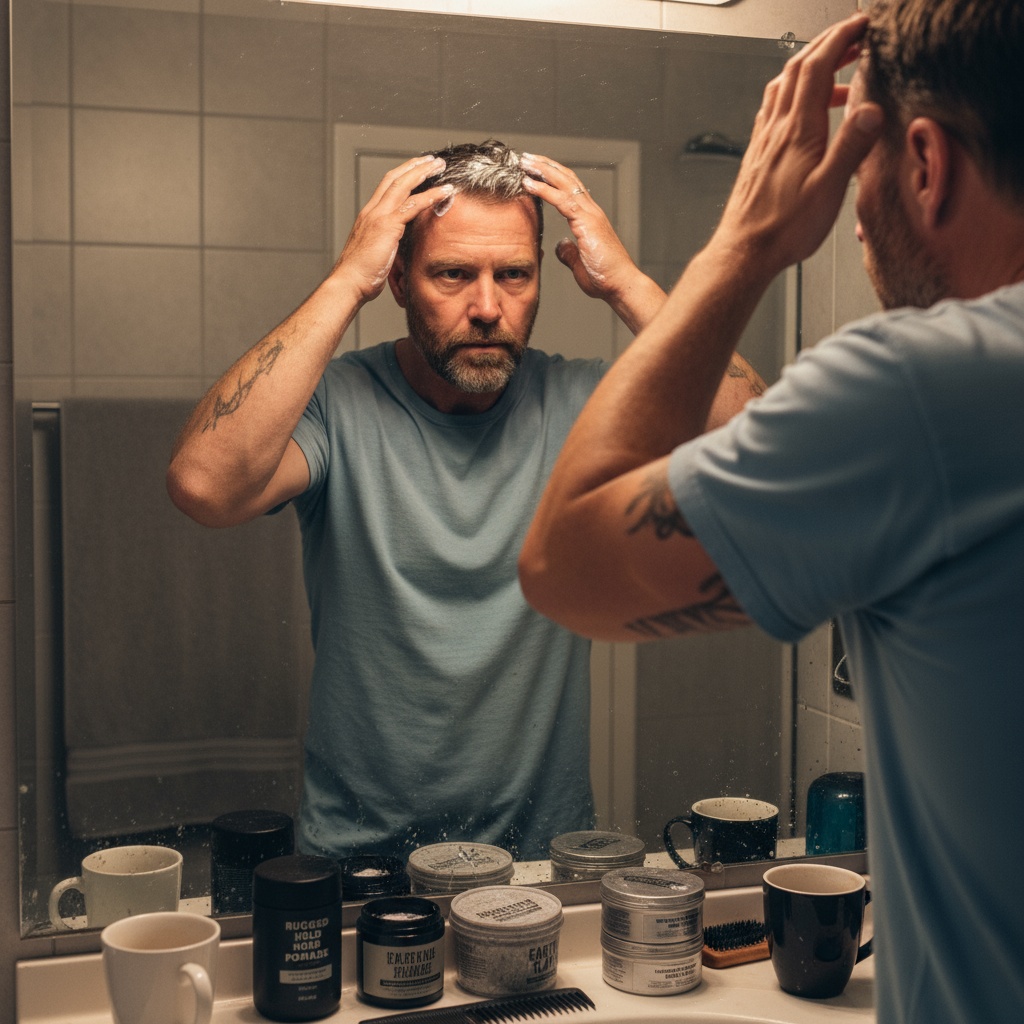 Blue collar working man applying hair product - men's grooming routine Venice FL barbershop products