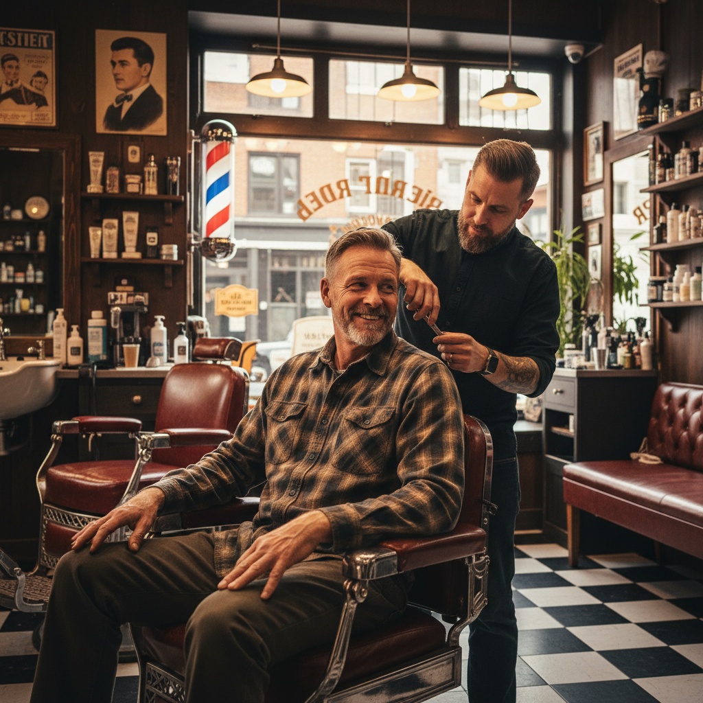 Blue collar man having genuine conversation with barber in traditional barbershop - male social space mental health support Venice FL