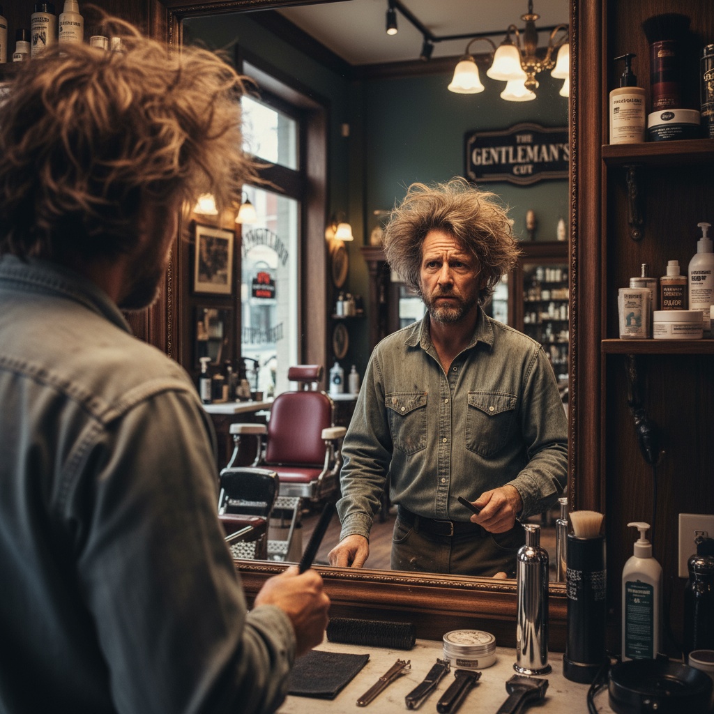 Man with unruly messy hair needs professional haircut - grooming psychology Venice FL barbershop