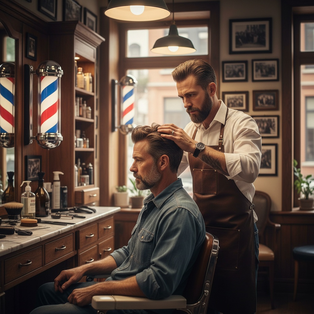 Experienced barber examining blue collar man's hair before cutting - skilled barber consultation Venice FL traditional barbershop