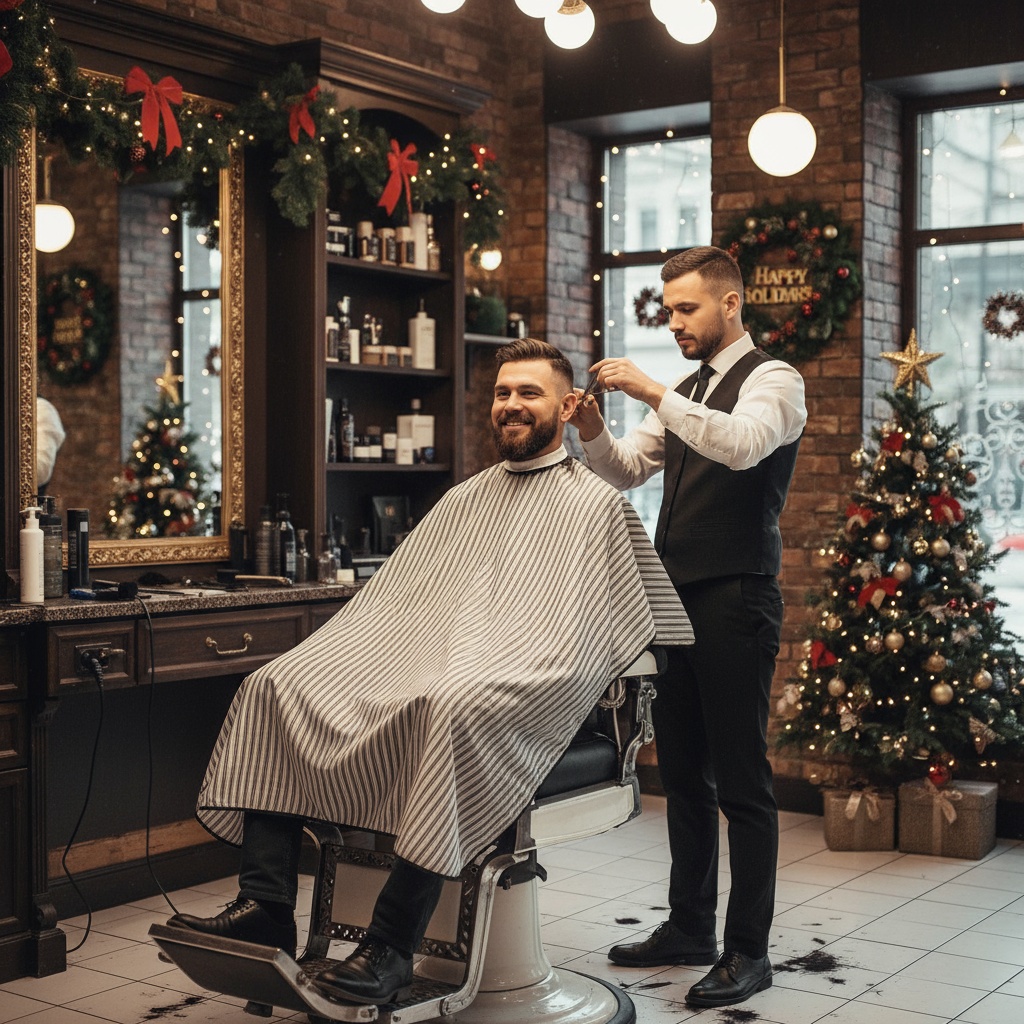 Blue collar man getting fresh professional haircut at Venice FL barbershop during December holiday season - Christmas haircut preparation