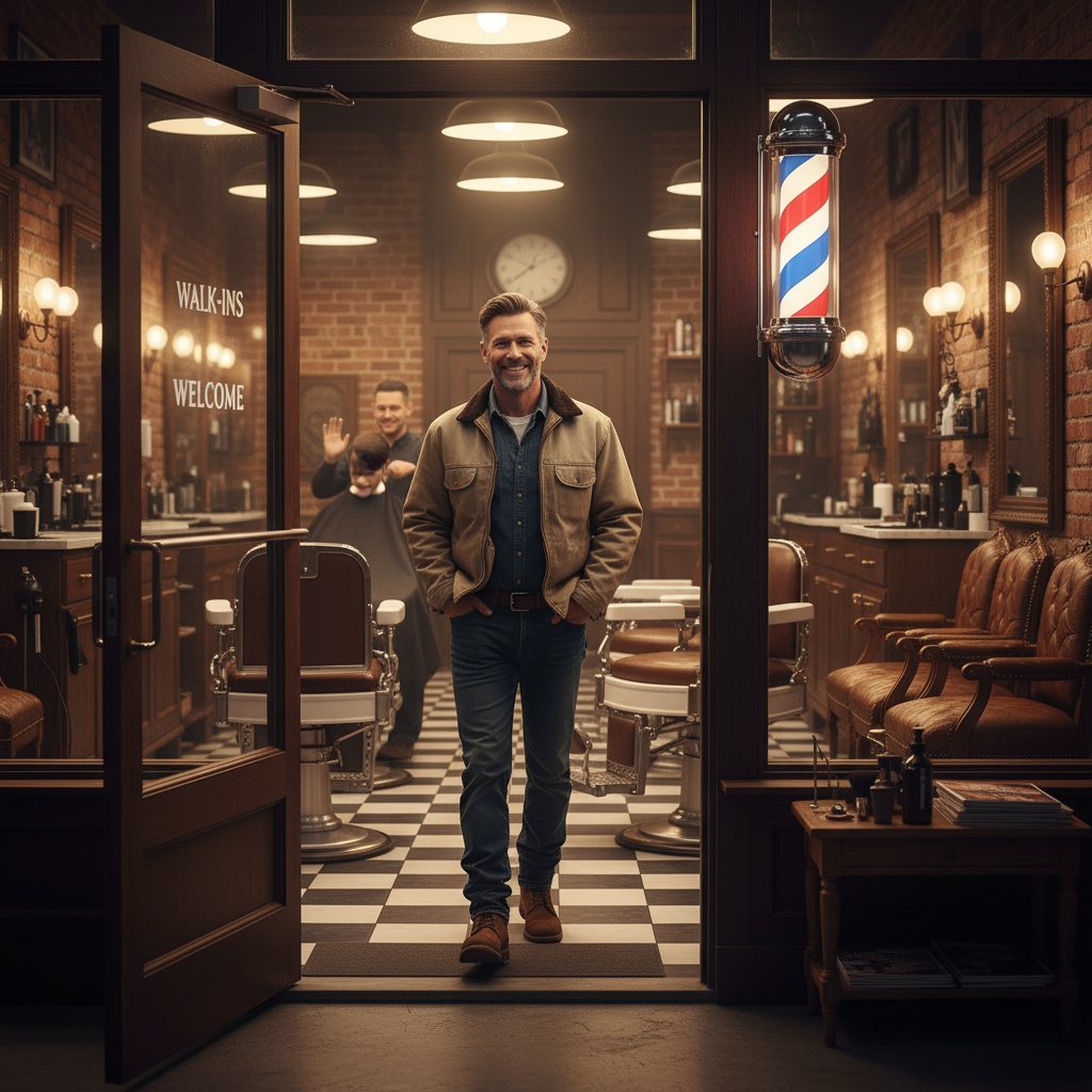 Blue collar working man walking into traditional walk-in barbershop Venice FL - no appointment needed convenient service