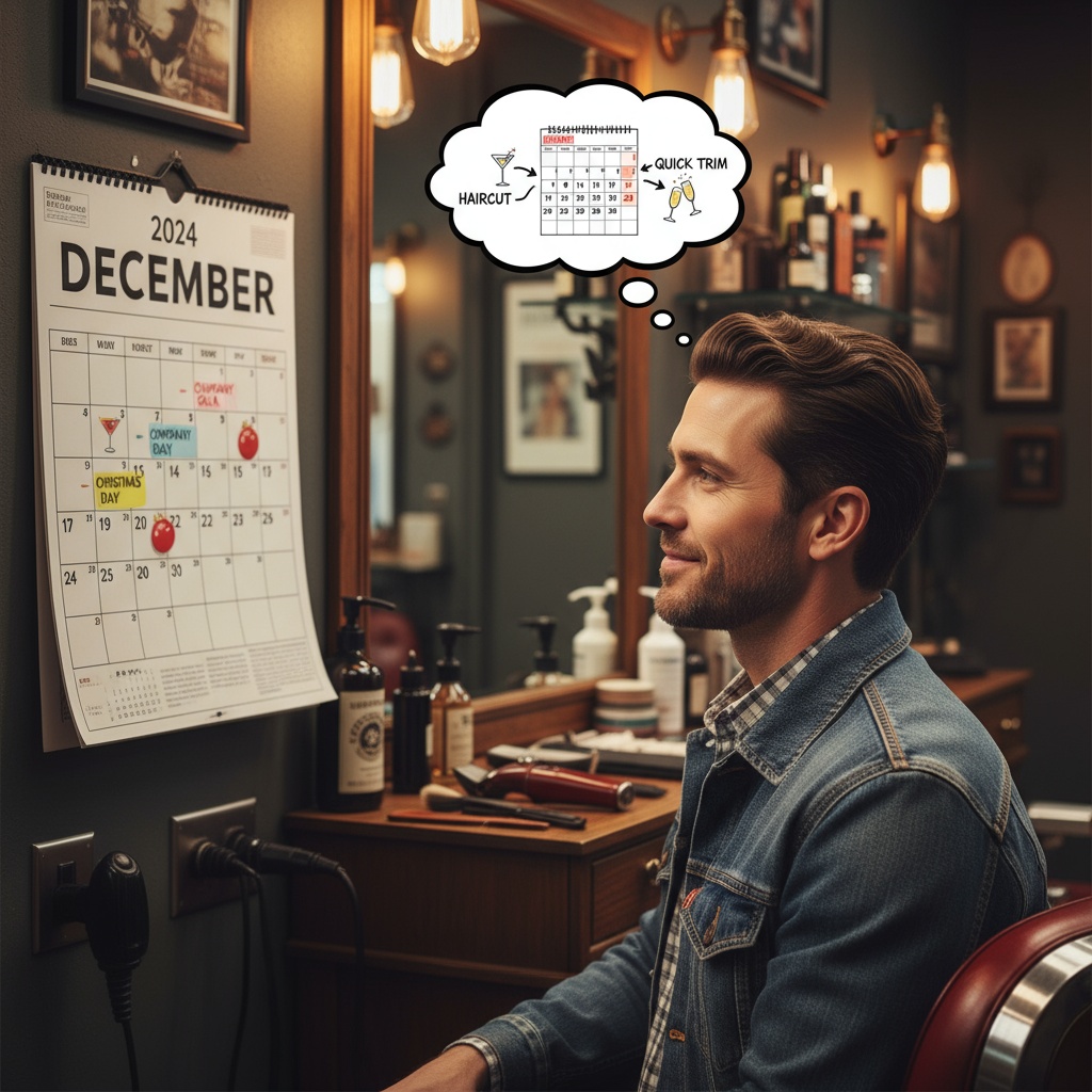 Blue collar man planning strategic December haircut timing for multiple holiday events - Venice FL barbershop timing guide
