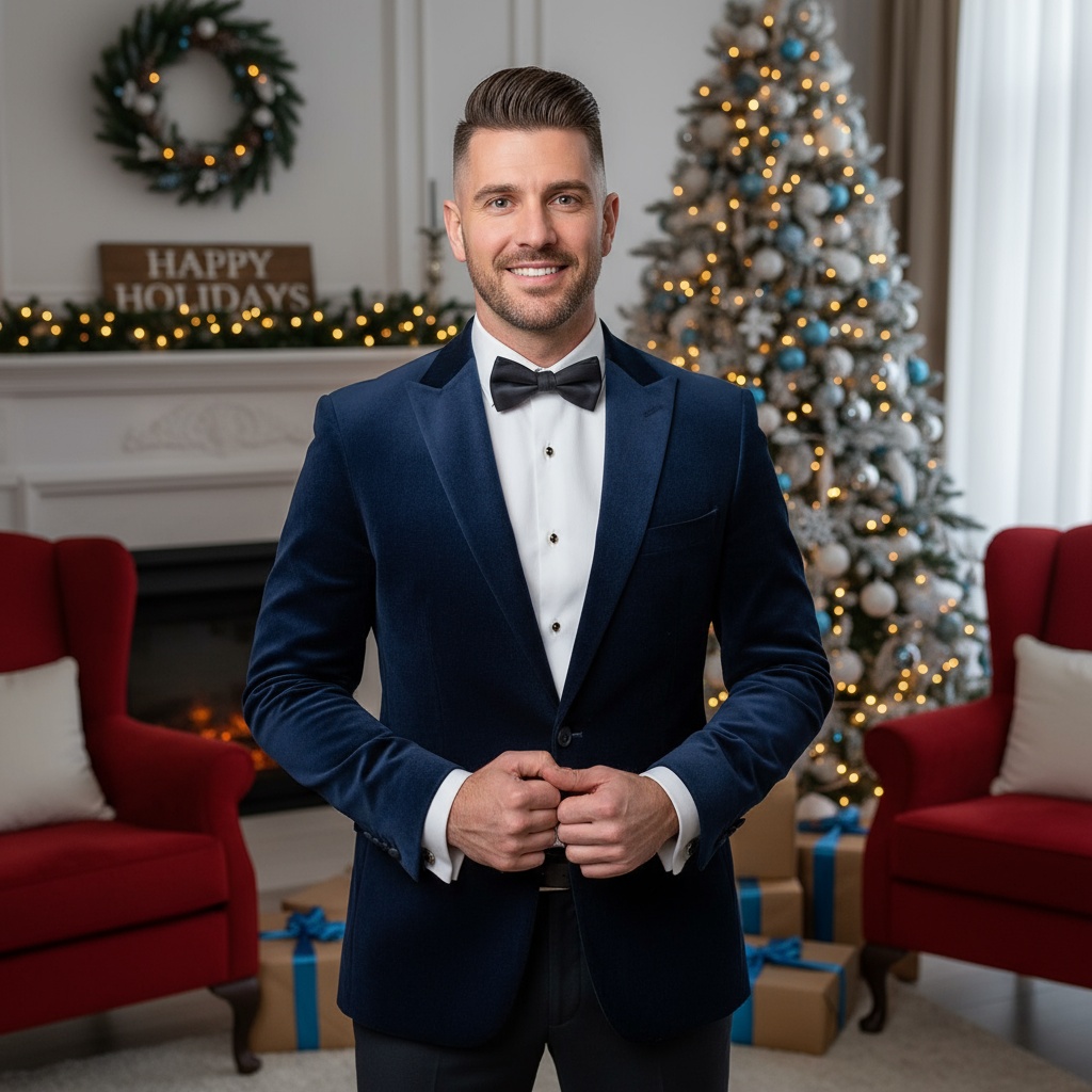 Blue collar man with fresh professional December haircut for holiday family photos - photogenic barbershop Venice FL