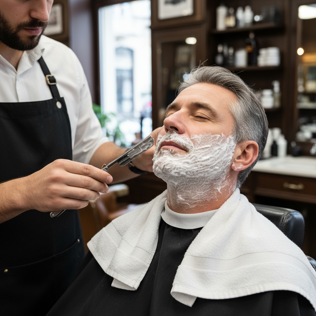 Professional barber performing straight razor shave with hot lather - traditional barbershop Venice FL