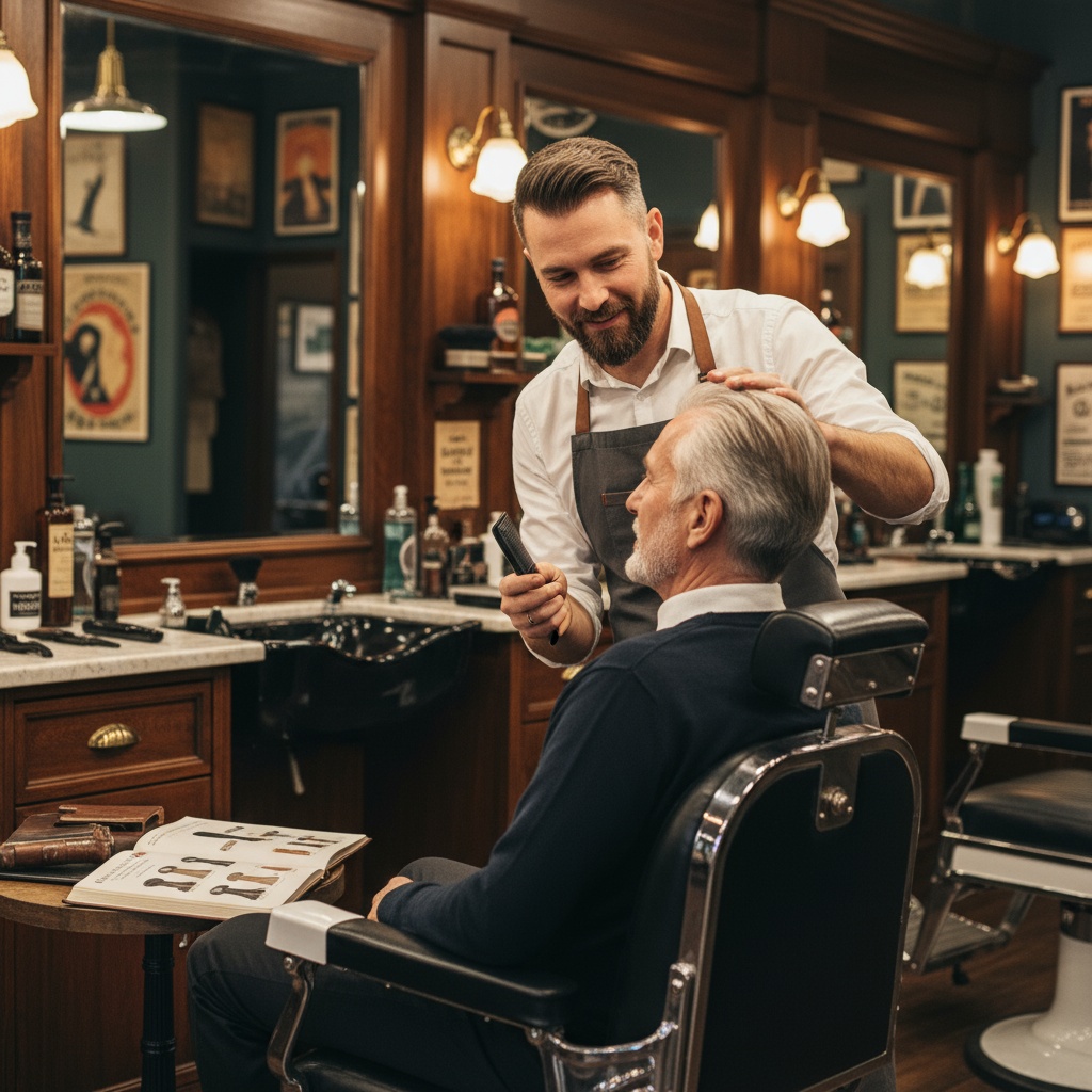 Experienced barber building relationship with client through consultation - traditional barbershop Venice FL