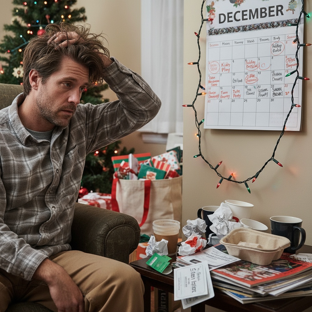 Overwhelmed blue collar man in December avoiding haircut - holiday stress self-care neglect Venice FL barbershop excuses