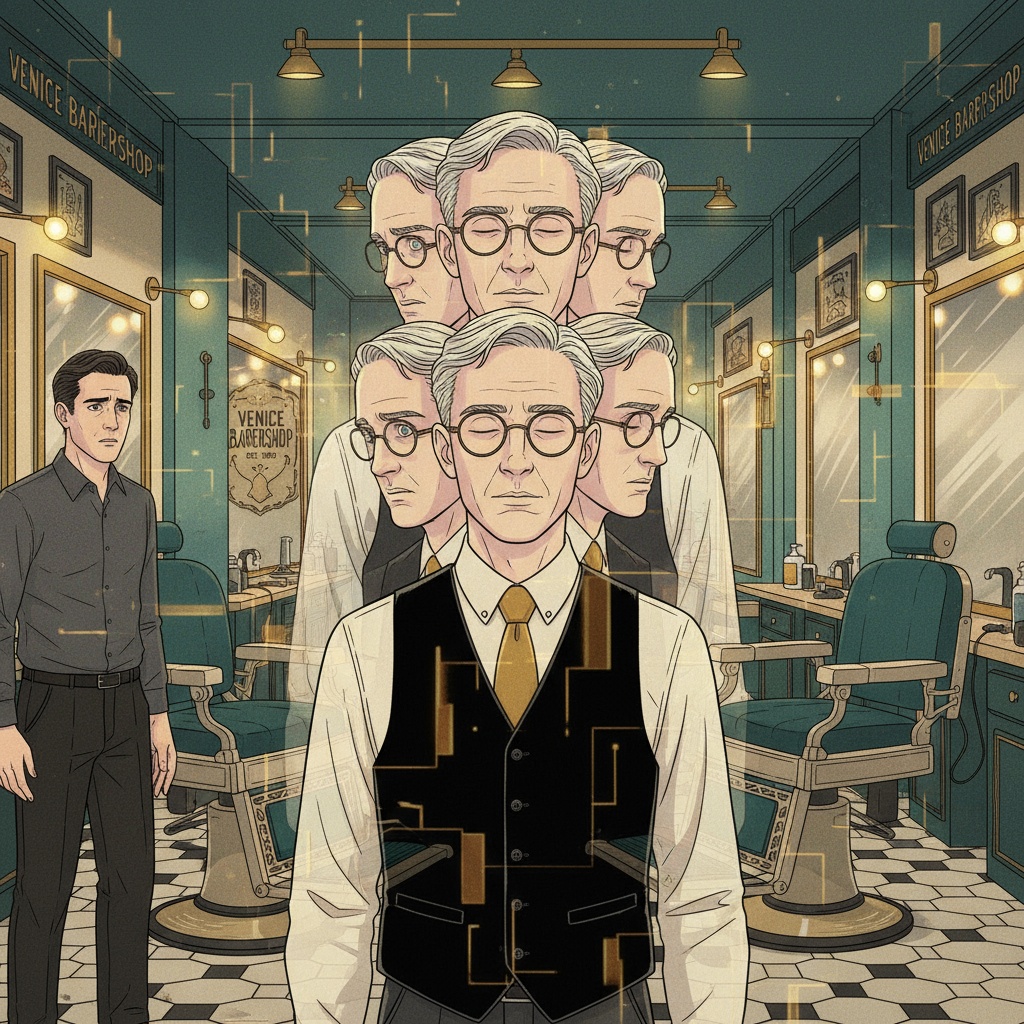 Melvin with eyes closing and opening showing multiple overlapping versions of Venice Barbershop interior with chairs in different positions, varying teal wall colors, and different lighting creating a glitch-like dimensional effect