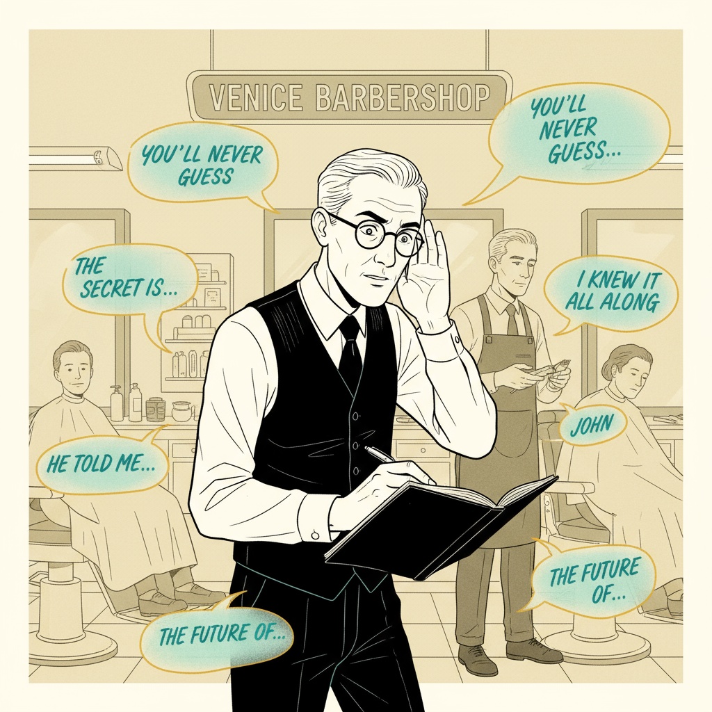 Melvin listening intently with hand to ear, surrounded by translucent speech bubbles showing future conversations floating in the air, frantically writing in a notebook while John and customers are visible but faded in the background