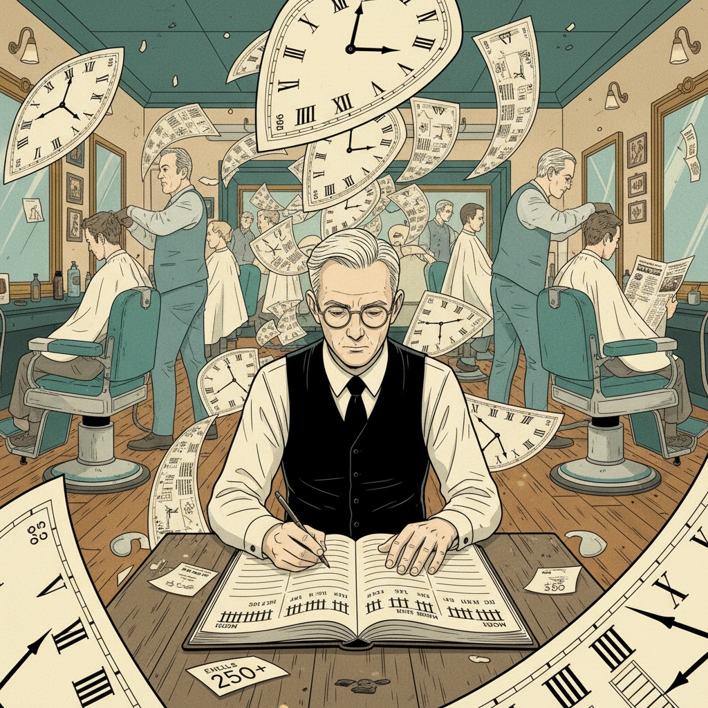 Melvin surrounded by spiral clock faces and calendar pages showing the same week repeating infinitely, documenting patterns with tally marks showing 250+ loops, with ghostly transparent versions of customers and John appearing multiple times in identical positions