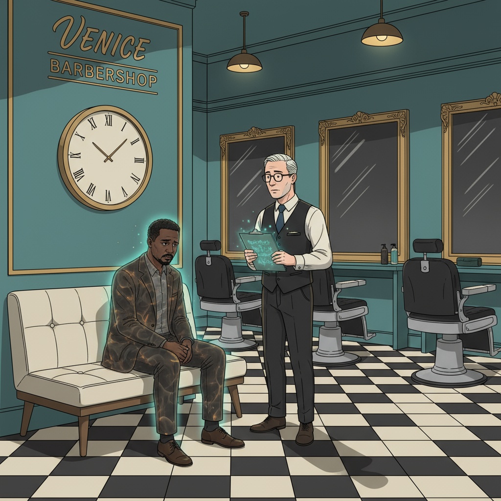 Richard sitting alone in barbershop waiting area looking slightly ethereal while Melvin observes him with concern, holding tracking data as clock shows 2pm
