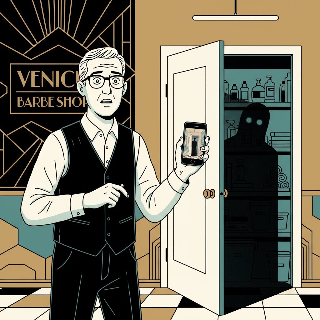 Melvin standing cautiously in front of a slightly ajar supply closet door, holding his phone showing video footage of the door opening by itself, with dark shadowy presence suggested behind the door
