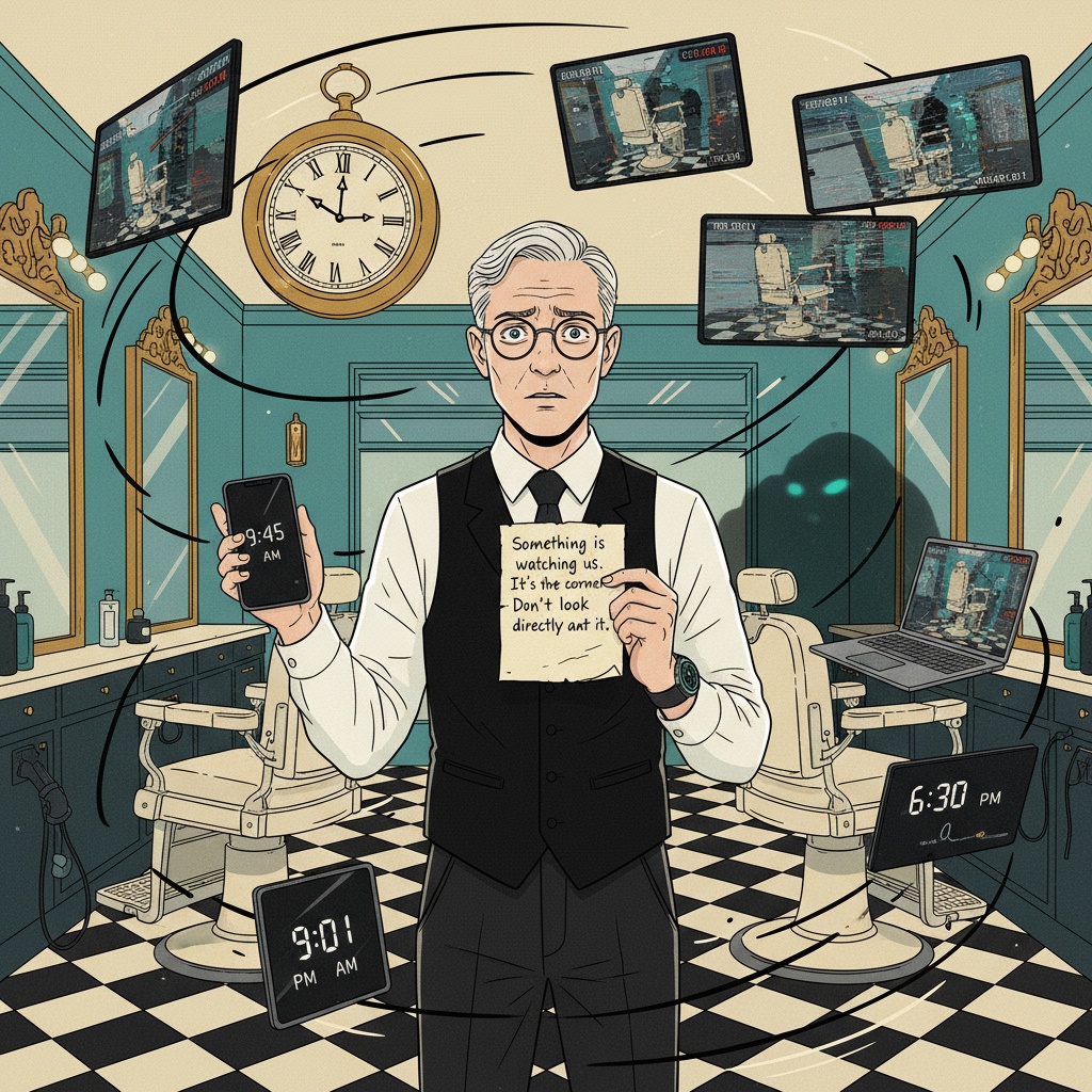 Melvin surrounded by multiple clocks showing different times, looking disturbed while holding a handwritten note warning about something watching from the corner, with security footage showing time jumps in background