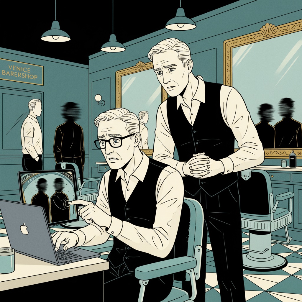 Melvin studying security camera footage on laptop showing blurred and faceless barber figures while John looks on with concern, with Sam and Jim visible in background but intentionally obscured