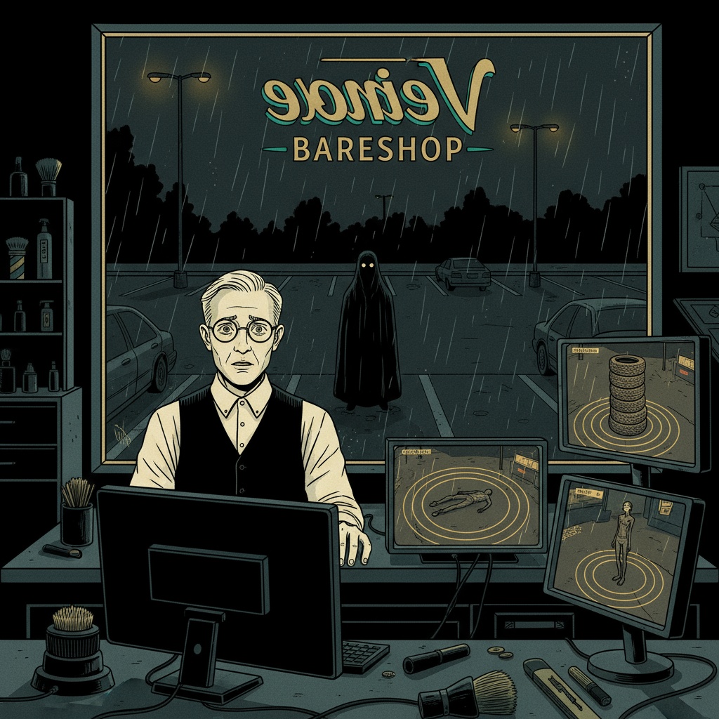 Melvin watching security camera footage showing shadowy entities in the parking lot at night—The Glider floating, The Circler walking in perfect circles, The Stacker arranging objects, and The Watcher standing motionless