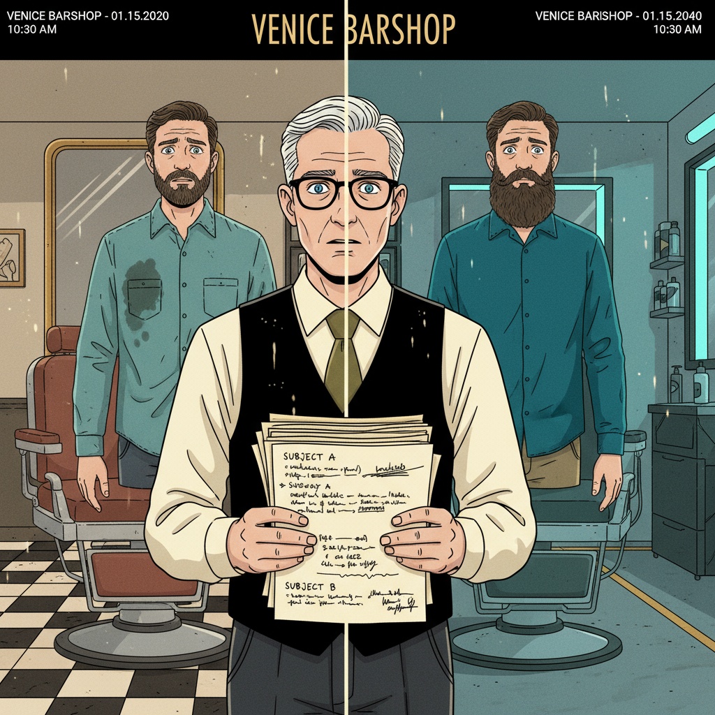 Split composition showing the same customer before and after time jump with subtle differences—beard length, shirt stain—while Melvin examines both versions with concern, holding comparison notes