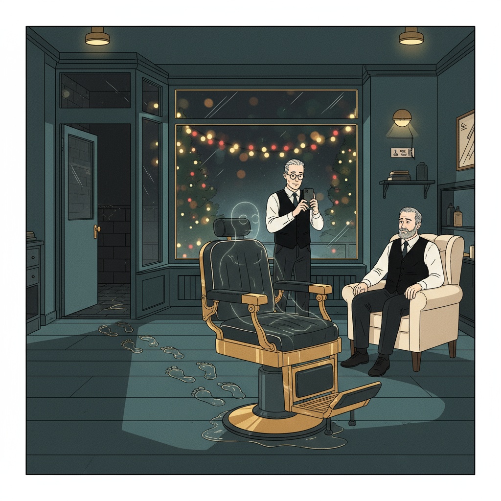 Dimly lit barbershop on Christmas Eve after closing, bathroom door open in background, second barber chair with subtle depression suggesting invisible presence, Melvin documenting on phone, John watching from waiting area, Christmas lights glowing through front window, wet footprints trailing from bathroom to chair