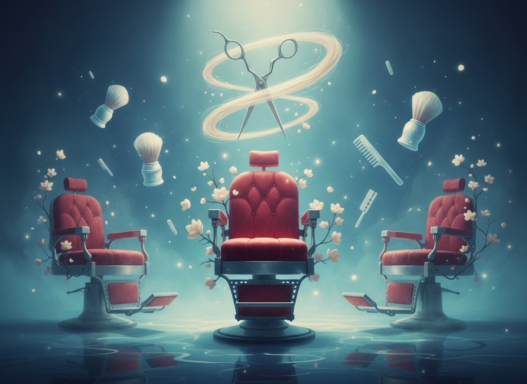 Dreamy barbershop scene with floating scissors and ethereal lighting representing hair cutting dreams and transformation