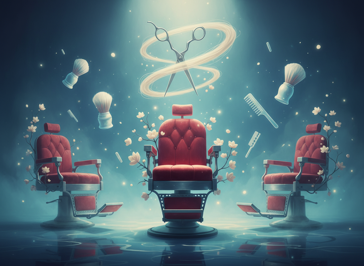 Dreamy barbershop scene with floating scissors and ethereal lighting representing hair cutting dreams and transformation