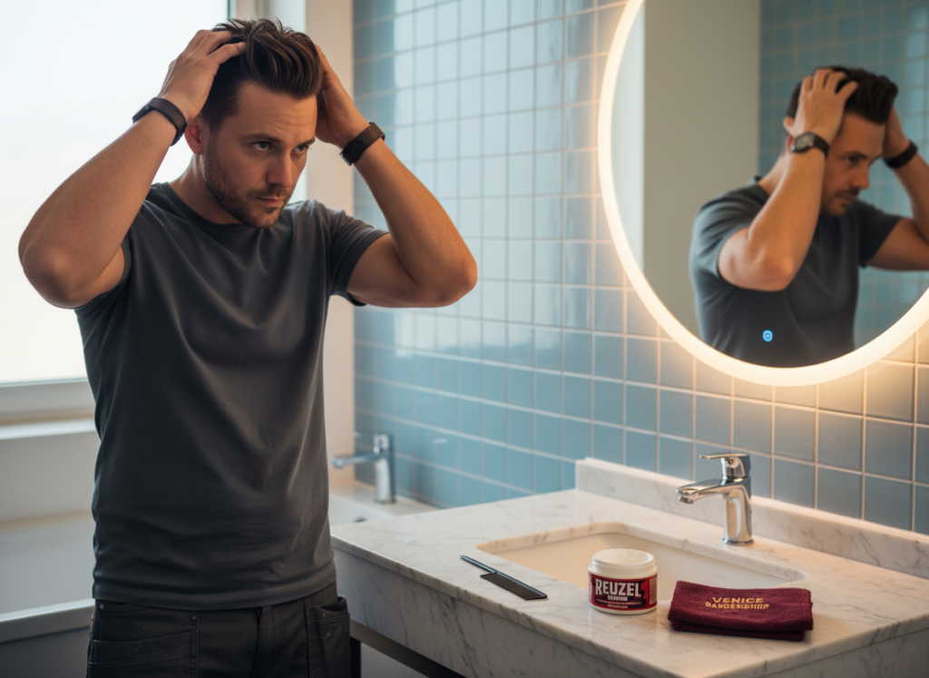 Man with a fresh haircut from Venice Barbershop styling his hair at home with Reuzel pomade for lasting results