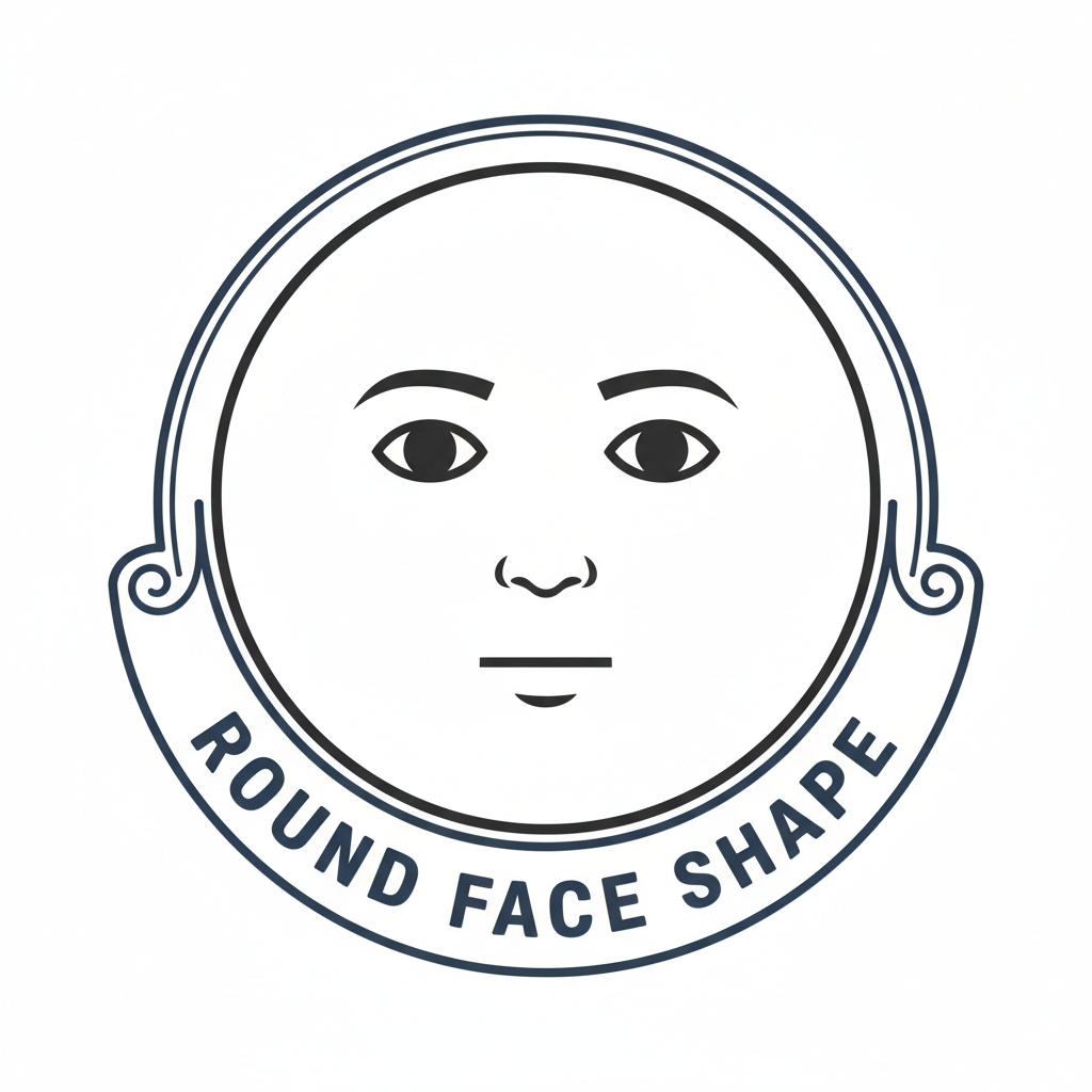 llustration of a man’s head with a round face shape, labeled “Round Face Shape,” clean lines, barbershop style