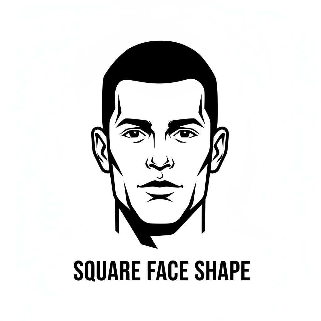 Illustration of a man’s head with a square face shape, labeled “Square Face Shape,” clean lines, barbershop style