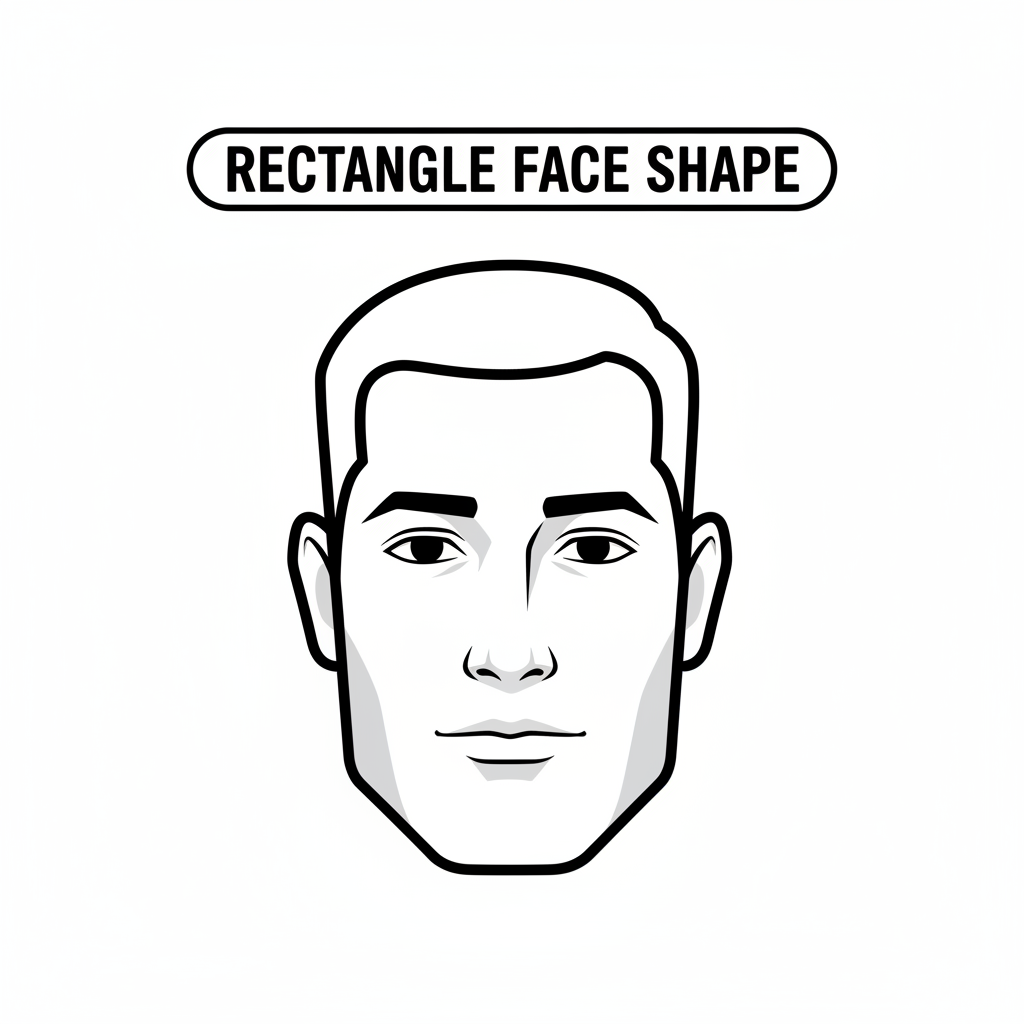 Illustration of a man’s head with a rectangle (oblong) face shape, labeled “Rectangle Face Shape,” clean lines, barbershop style