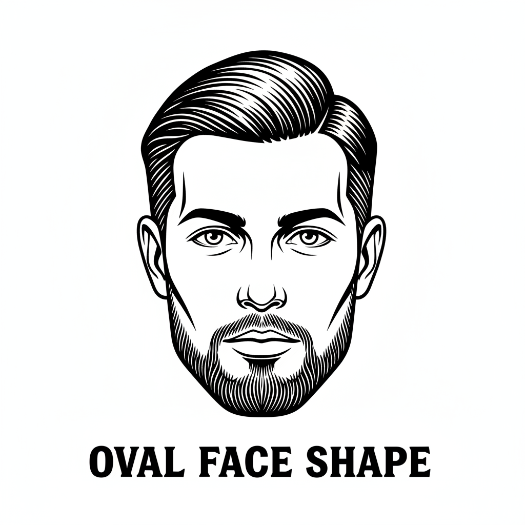 Illustration of a man’s head with an oval face shape, labeled “Oval Face Shape,” clean lines, barbershop style