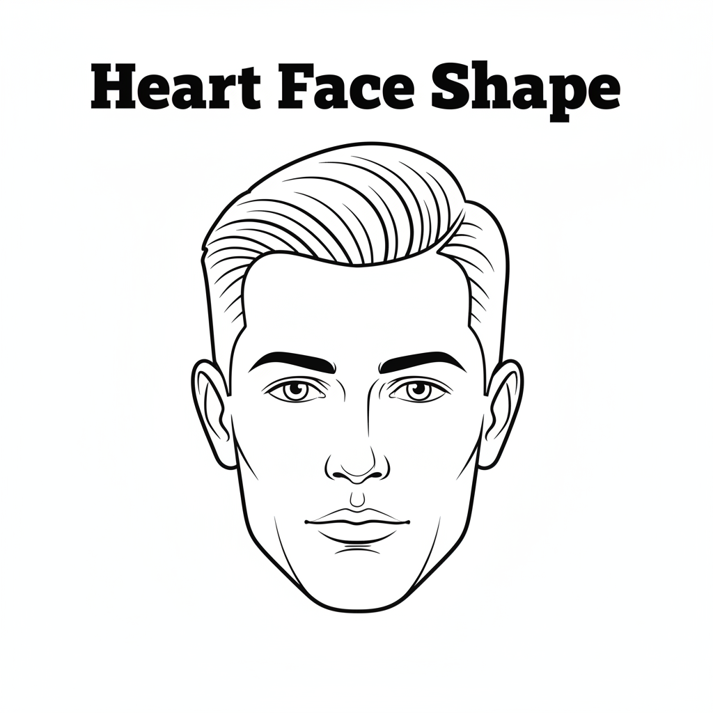 Illustration of a man’s head with a heart face shape, labeled “Heart Face Shape,” clean lines, barbershop style