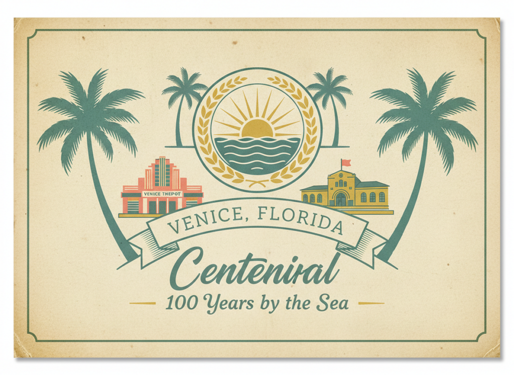 Vintage postcard illustration celebrating the Centennial of Venice, Florida, featuring the Venice Theatre, Train Depot, Beach Pavilion, palm trees, teal and cream colors, and the text “Venice, Florida – Centennial: 100 Years by the Sea.”