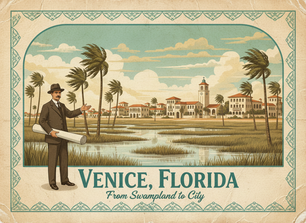 Vintage postcard illustration of Venice, Florida’s early days, featuring marshy land, palm trees, Mediterranean Revival buildings, and a city planner with blueprints in teal and cream colors.