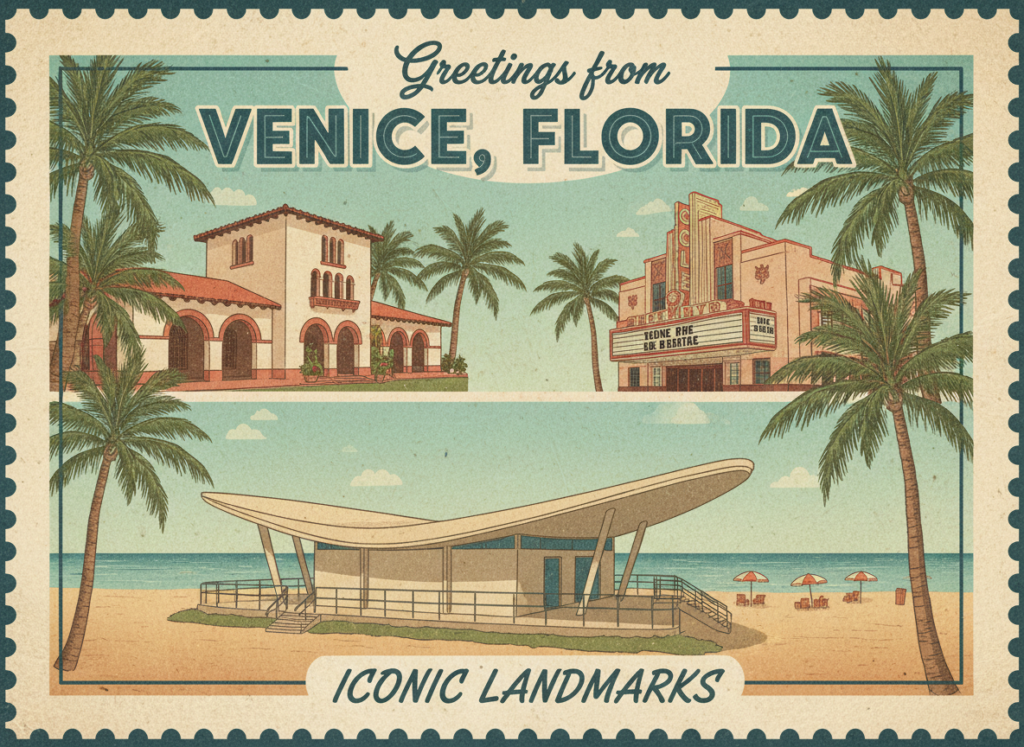Vintage postcard illustration of Venice, Florida’s Train Depot, Venice Theatre, and Beach Pavilion, with palm trees and teal and cream colors.