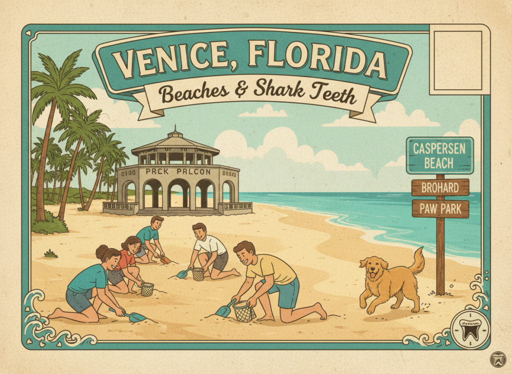 Vintage postcard illustration of Venice, Florida’s beaches with the Venice Beach Pavilion, people searching for shark teeth, palm trees, and a happy dog on the sand, in teal and cream colors.