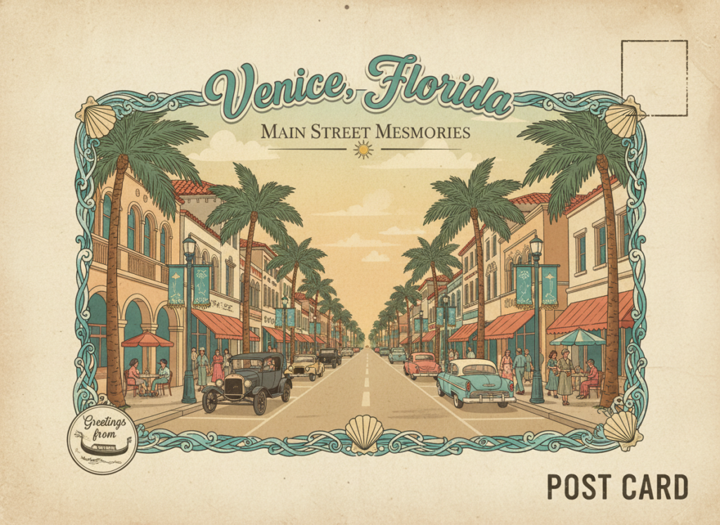 Vintage postcard illustration of Venice Avenue in downtown Venice, Florida, with palm-lined boulevard, Mediterranean storefronts, classic cars, and people strolling in teal and cream colors.