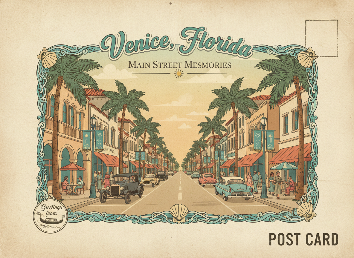 Vintage postcard illustration of Venice Avenue in downtown Venice, Florida, with palm-lined boulevard, Mediterranean storefronts, classic cars, and people strolling in teal and cream colors.