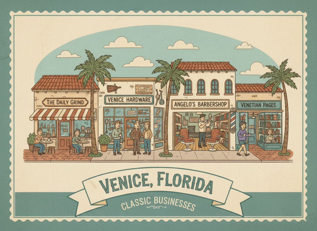 Vintage postcard illustration of classic Venice, Florida businesses: café, hardware store, barbershop, and bookstore, with palm trees and teal and cream colors.