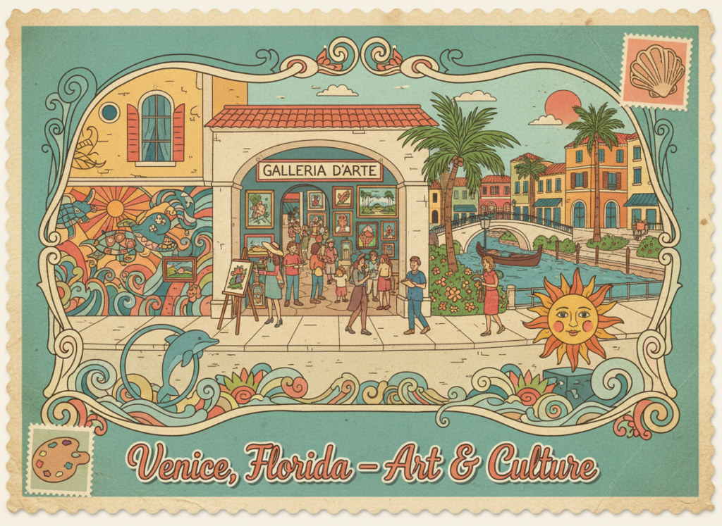 Vintage postcard illustration of Venice, Florida’s art scene: colorful murals, art gallery, whimsical dolphin sculpture, artists painting outdoors, in teal and cream colors.