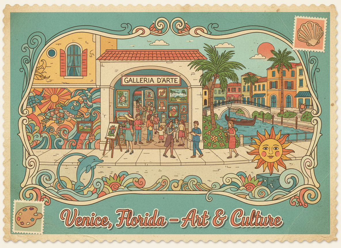 Vintage postcard illustration of Venice, Florida’s art scene: colorful murals, art gallery, whimsical dolphin sculpture, artists painting outdoors, in teal and cream colors.