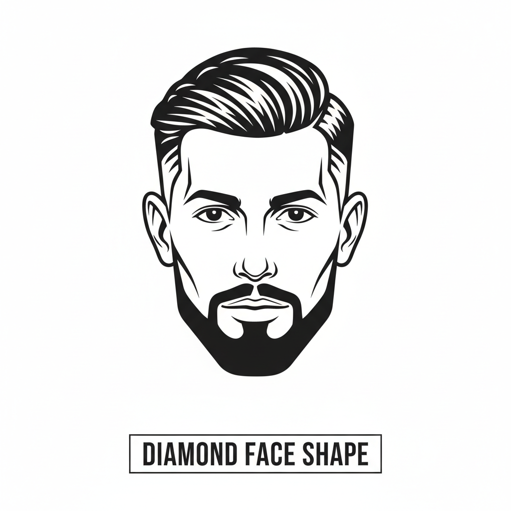 Illustration of a man’s head with a diamond face shape, labeled “Diamond Face Shape,” clean lines, barbershop style