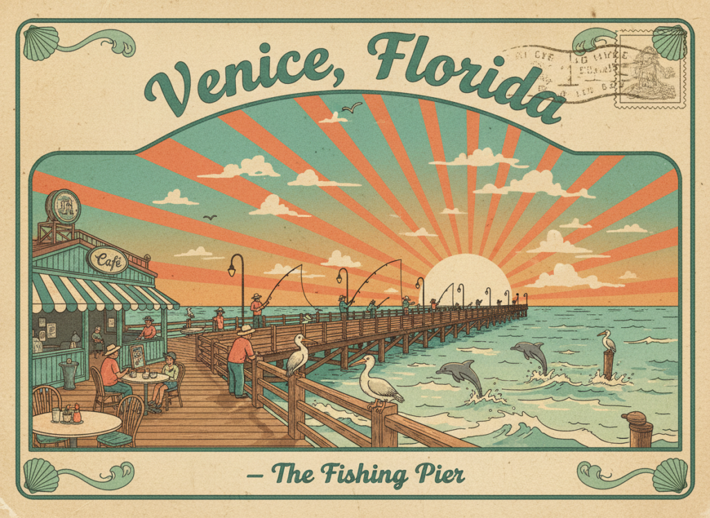 Vintage postcard illustration of the Venice Fishing Pier stretching over the Gulf of Mexico at sunset, with anglers, dolphins, pelicans, and a café, in teal and cream colors.