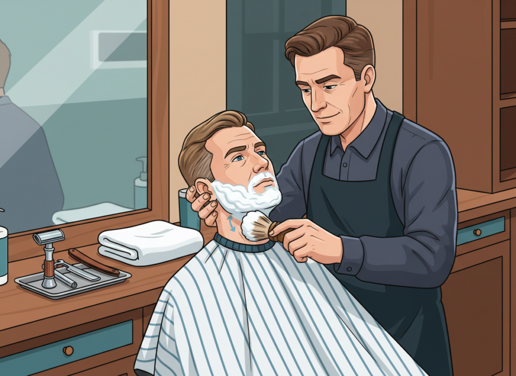 Illustration of a barber applying warm lather to a client’s neck in a walk-in barbershop to prevent razor bumps, with hot towel prep and with-the-grain shaving guidance