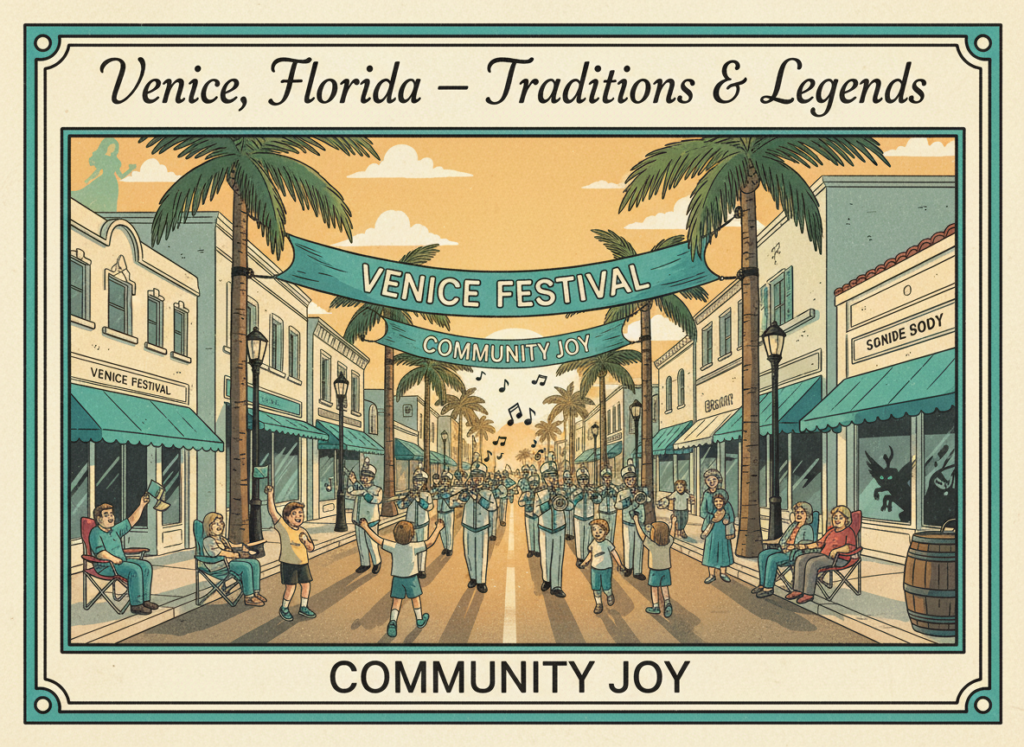 Vintage postcard illustration of a parade and festival scene on Venice Avenue in Venice, Florida, with palm trees and classic storefronts.
