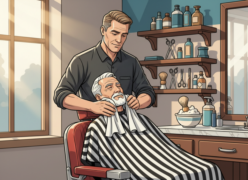 Illustration of a barber giving a classic hot lather straight razor shave in a walk-in barbershop in Venice FL, with hot towel, shaving brush, and traditional chair
