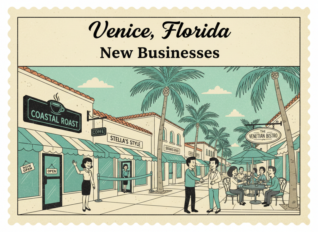 Vintage postcard illustration of new businesses on Venice Avenue in downtown Venice, Florida, with palm trees and grand opening signs.