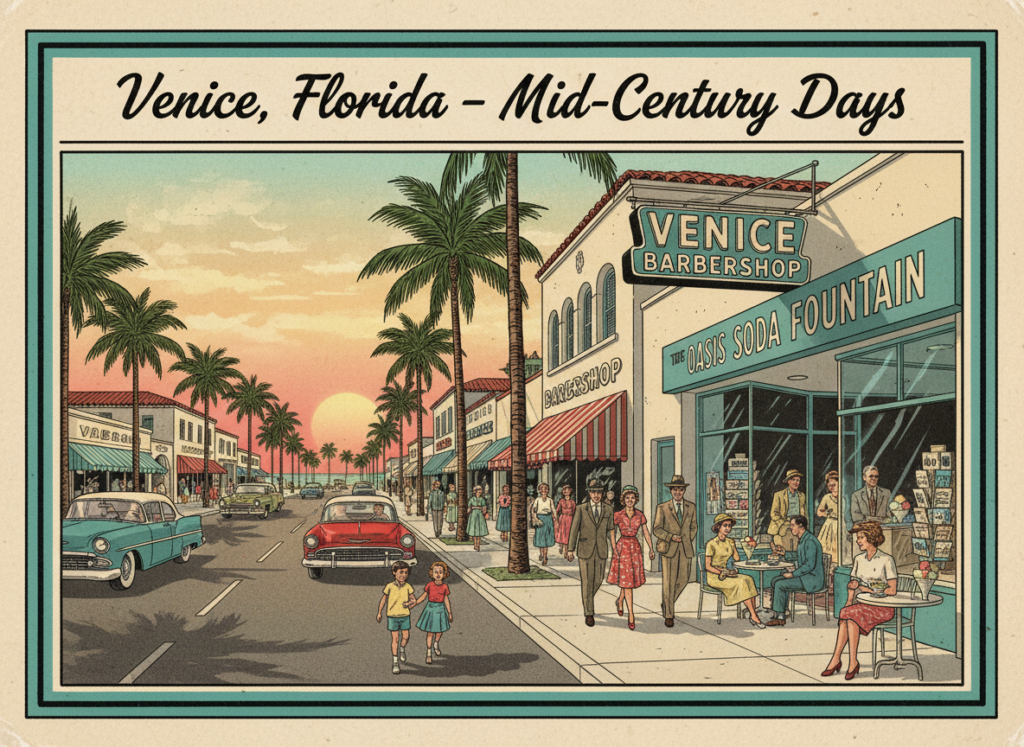 Vintage postcard illustration of mid-century downtown Venice Avenue in Venice, Florida with palm trees, 1950s classic cars, and families strolling at sunset.