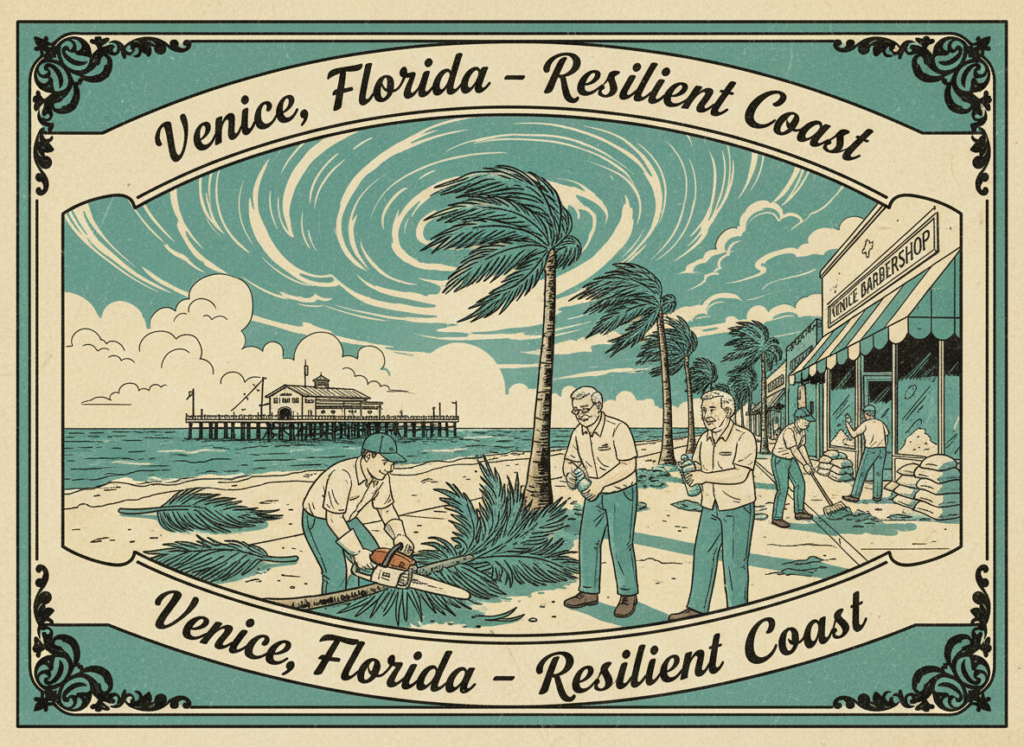 Vintage postcard illustration of Venice, Florida after a coastal storm, with the fishing pier in the distance and neighbors helping clean up as the sun comes out.