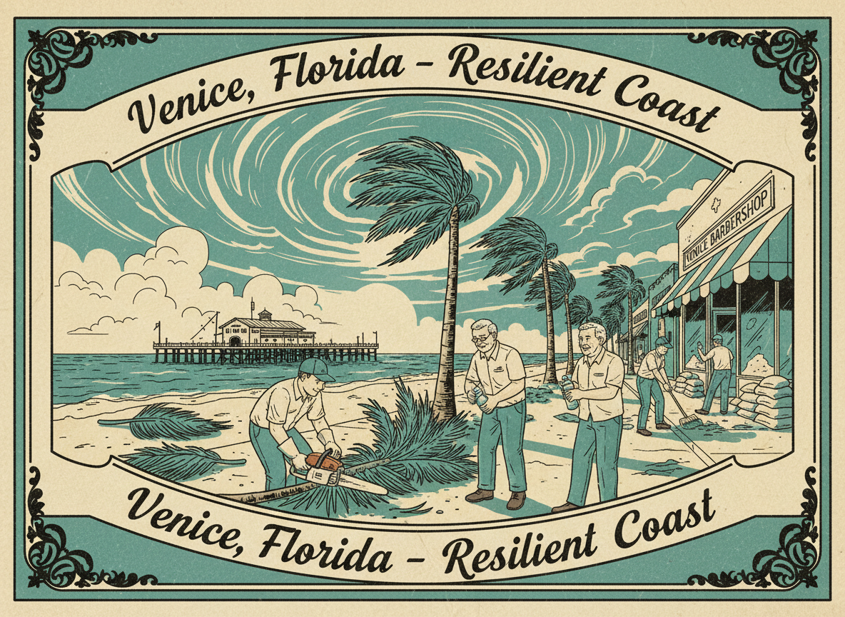 Vintage postcard illustration of Venice, Florida after a coastal storm, with the fishing pier in the distance and neighbors helping clean up as the sun comes out.