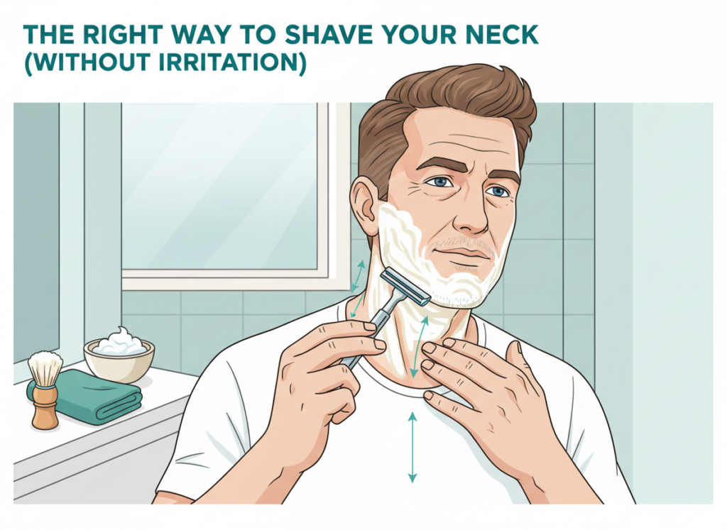 Illustration of a man shaving his neck with a safety razor and warm lather, showing with-the-grain technique to prevent razor burn and irritation
