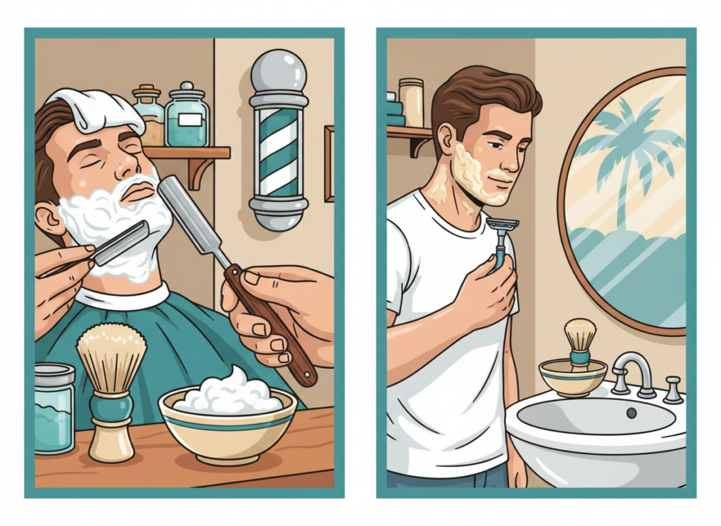 Illustration comparing a straight razor hot lather shave setup and a safety razor at-home shave routine, showing tools, hot towel prep, and warm lather